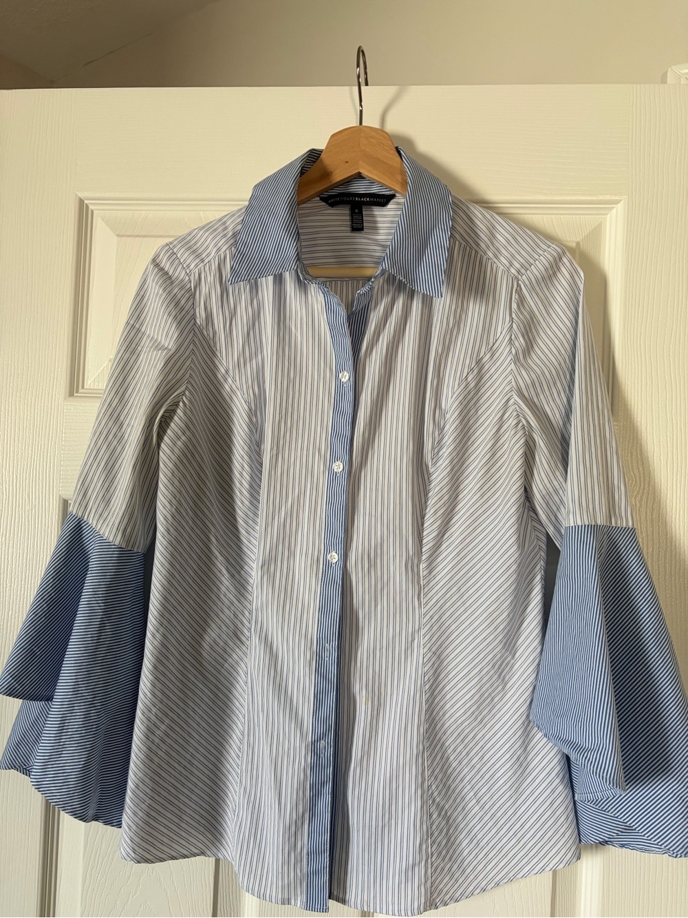 White House Black Market Blue & White Striped Ruffle-Sleeve Button Front Top
